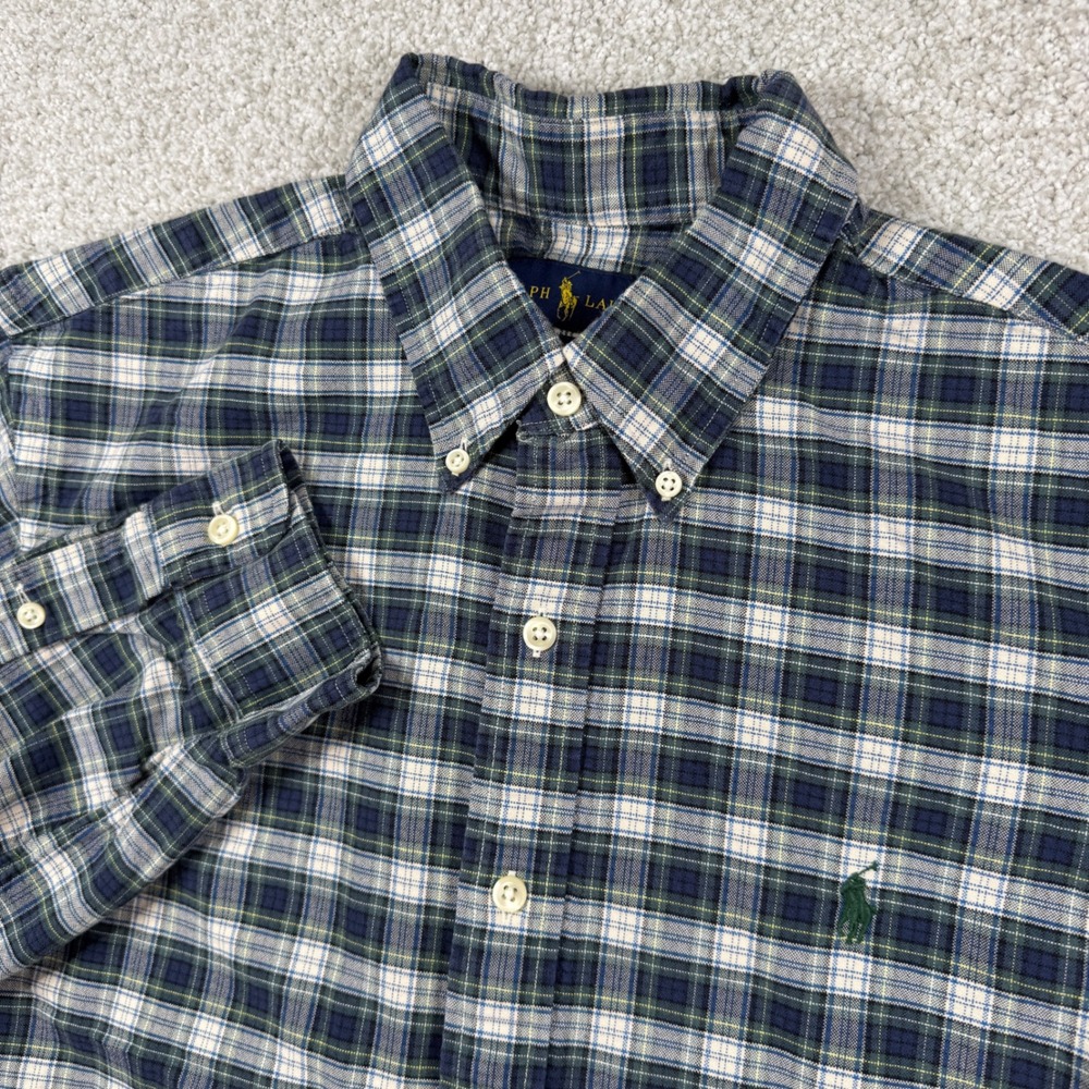 Polo Ralph Lauren Button Down Shirt Mens L Green Navy Plaid‎ Custom Long Sleeve